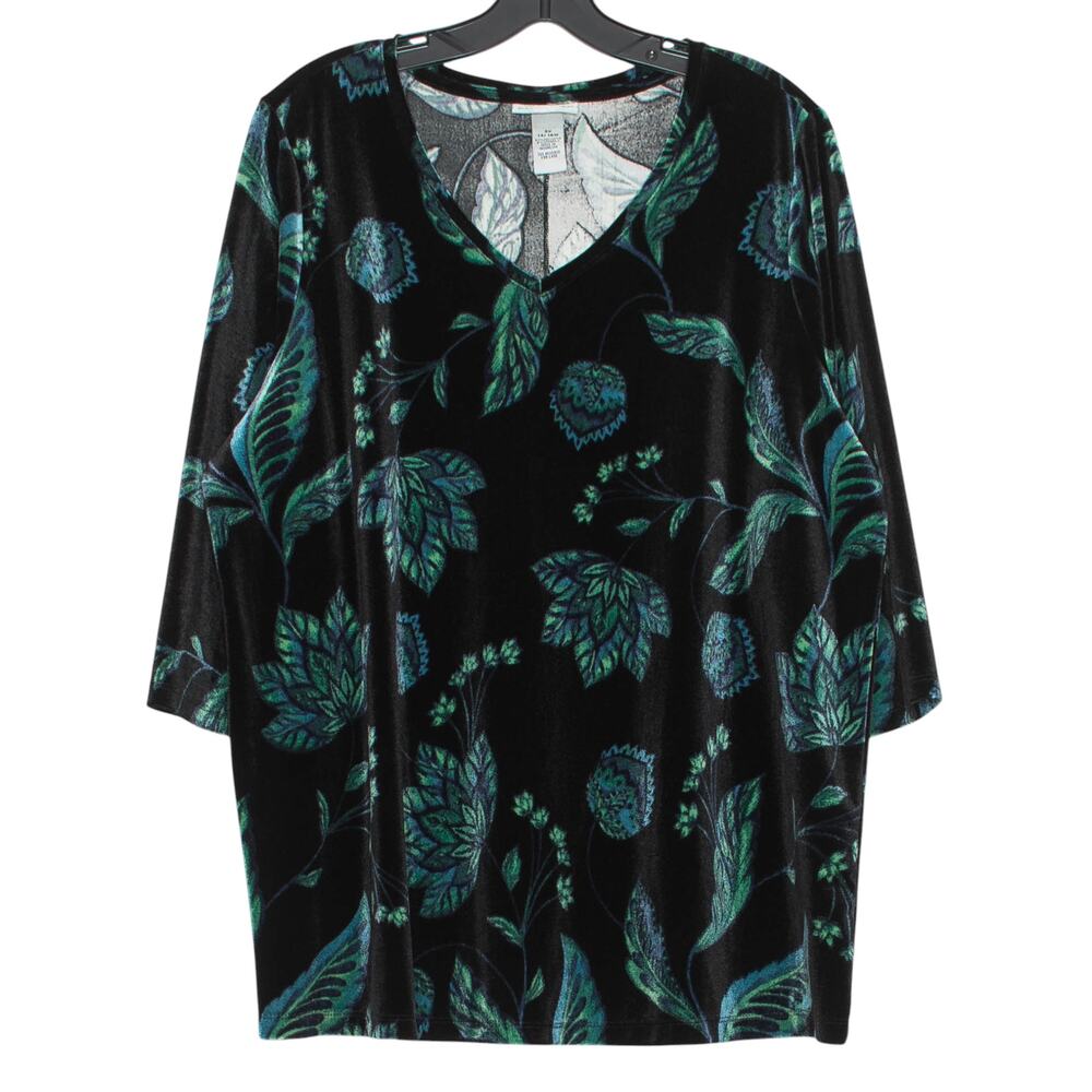 Catherines Velvet Top Floral Stretch 3/4 Sleeve Black Plus Size Lagenlook 0X